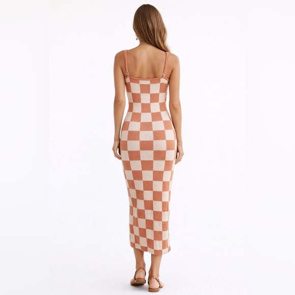 Soft Peach Cream Checkerboard Knit Midi Dress Minimalist Euro Summer Sz Medium - Picture 9 of 9